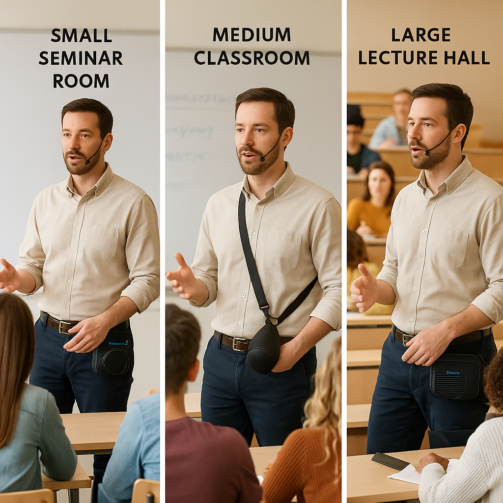Comparison of small, medium, and large classrooms showing the same instructor staying clearly audible with voice amplification
