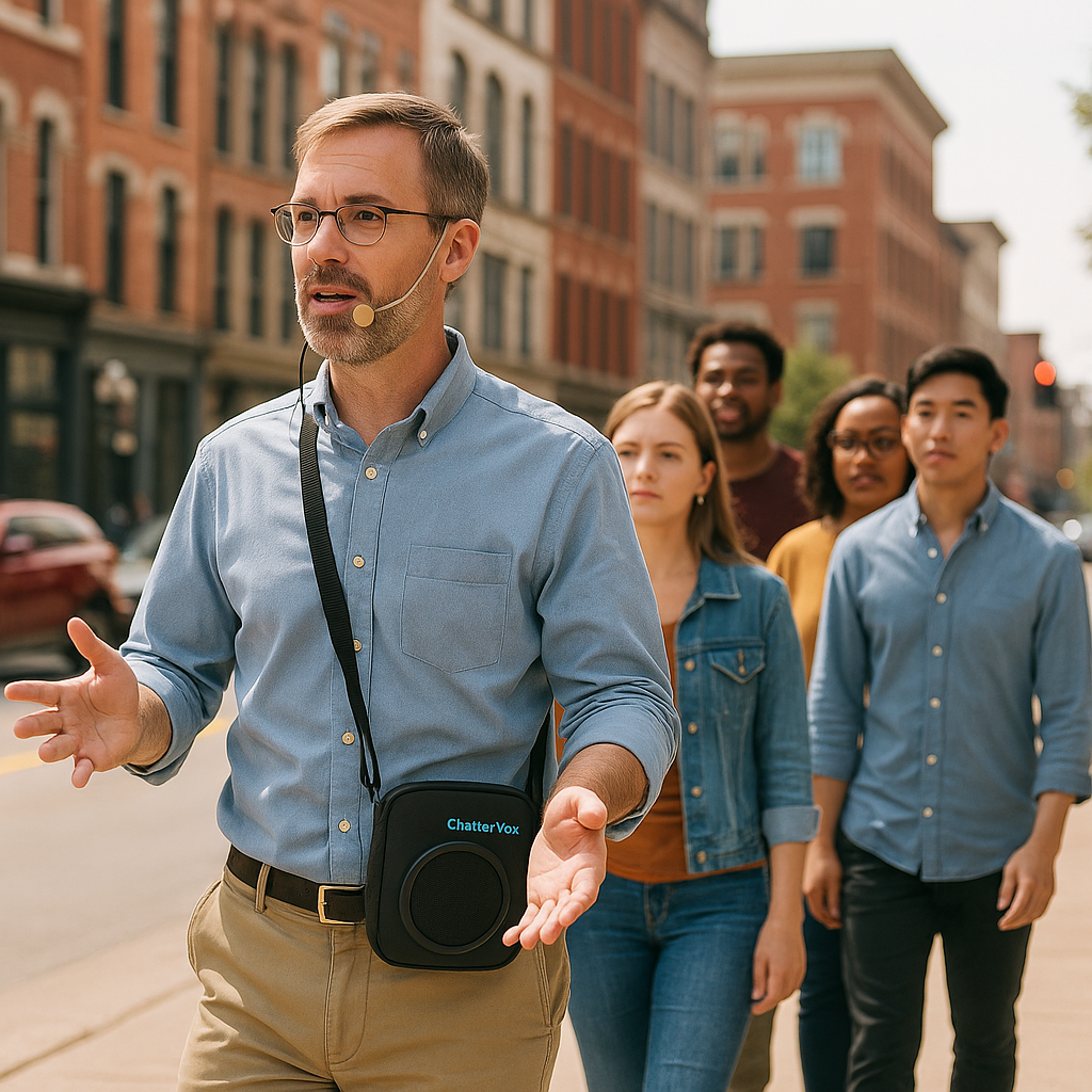 An outdoor city tour guide speaking through a wearable ChatterVOX portable voice amplifier while leading a walking tour