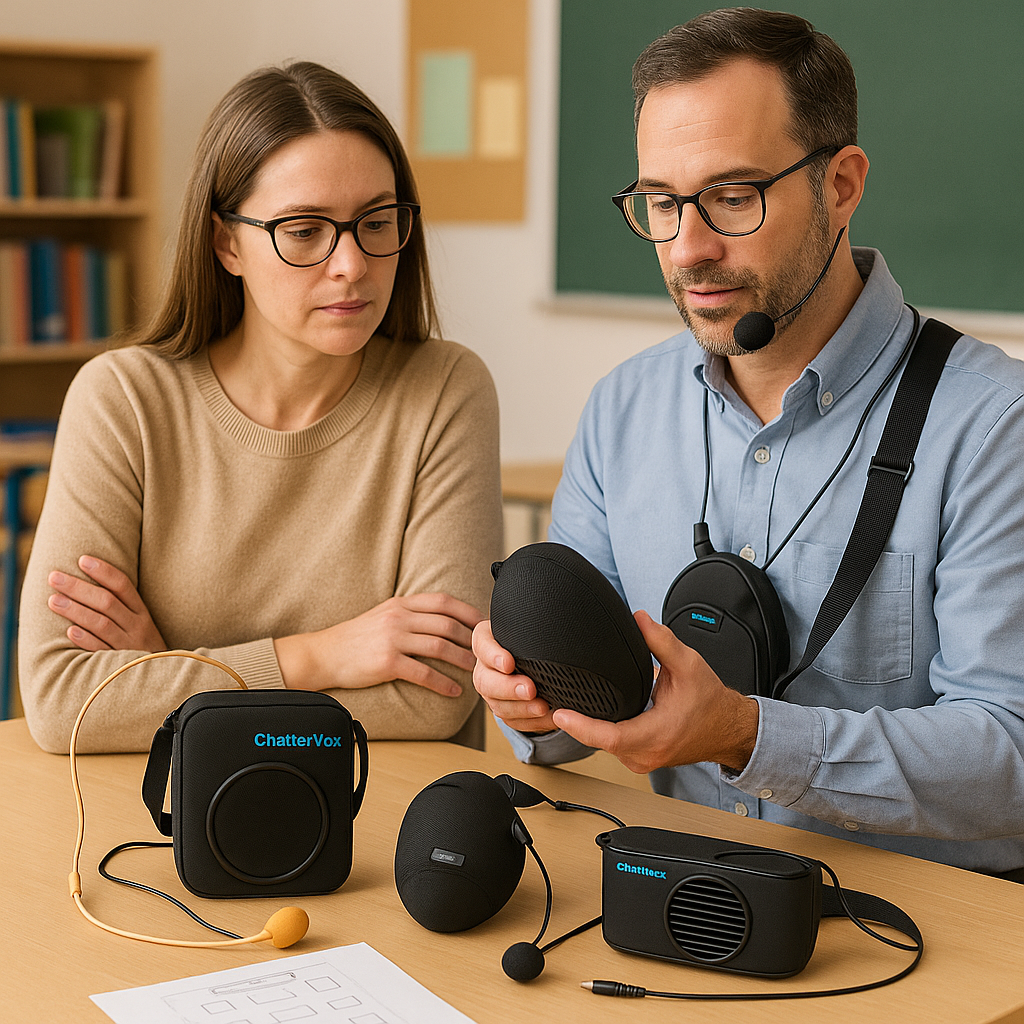 A teacher and AV coordinator reviewing portable voice amplifier options and a classroom floor plan at a desk