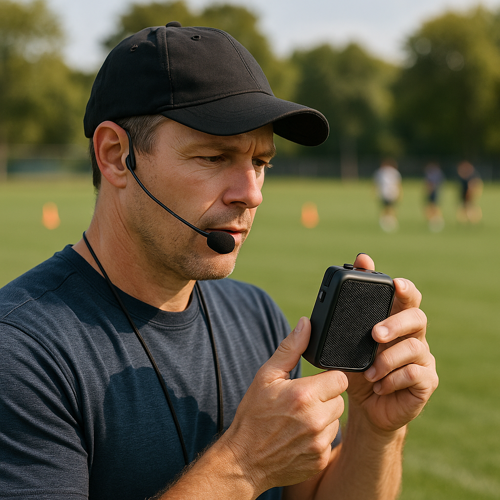 A coach performing a sound check with a portable voice amplifier and properly positioned headset microphone on an outdoor practice field
