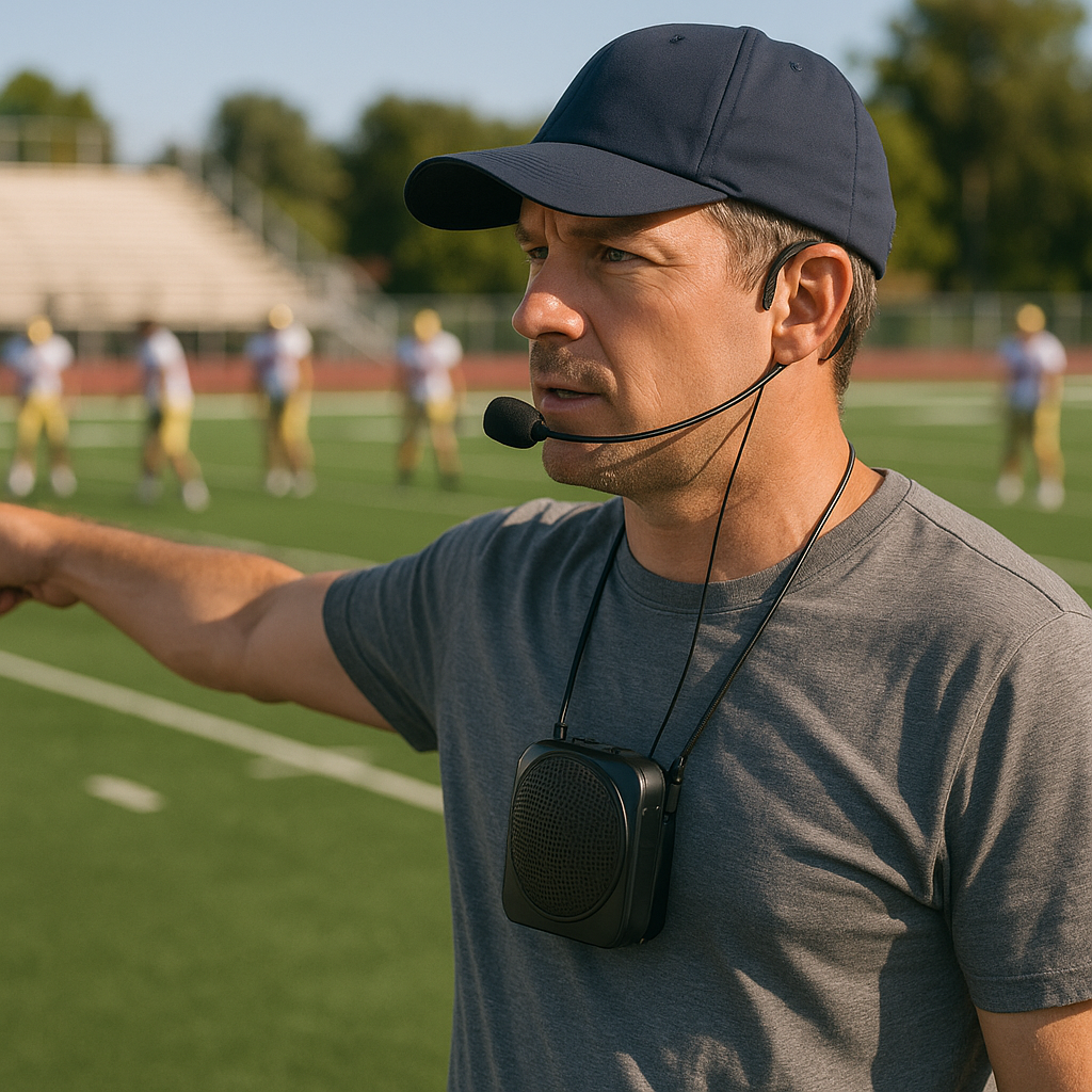 A high school coach on an outdoor practice field giving instructions through a hands-free ChatterVOX voice amplifier with headset mic