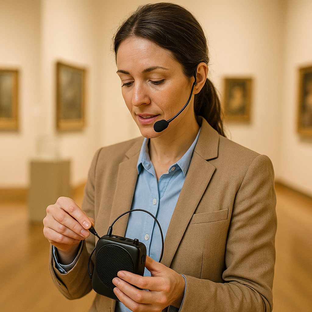 A museum tour guide setting up a personal voice amplification system for the first time in a quiet gallery
