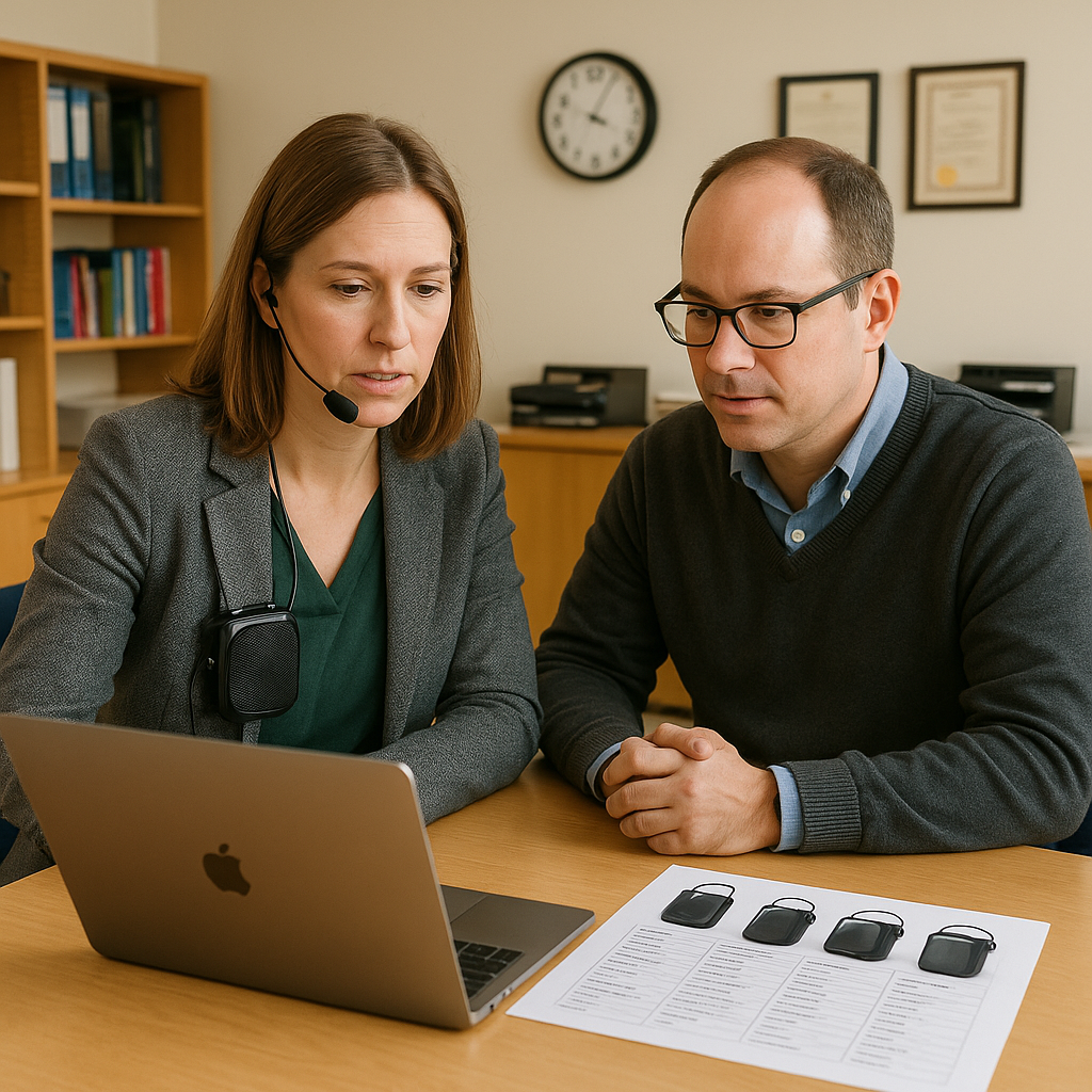 A school purchasing manager and AV coordinator comparing portable voice amplifier options on a laptop at a conference table